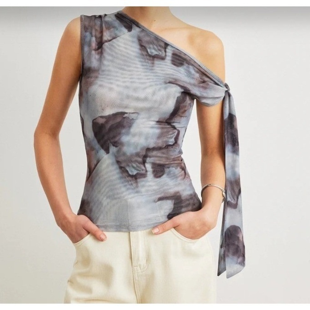 Commense Womens One Shoulder Mesh Abstract Print Tie Shoulder Top Small NEW